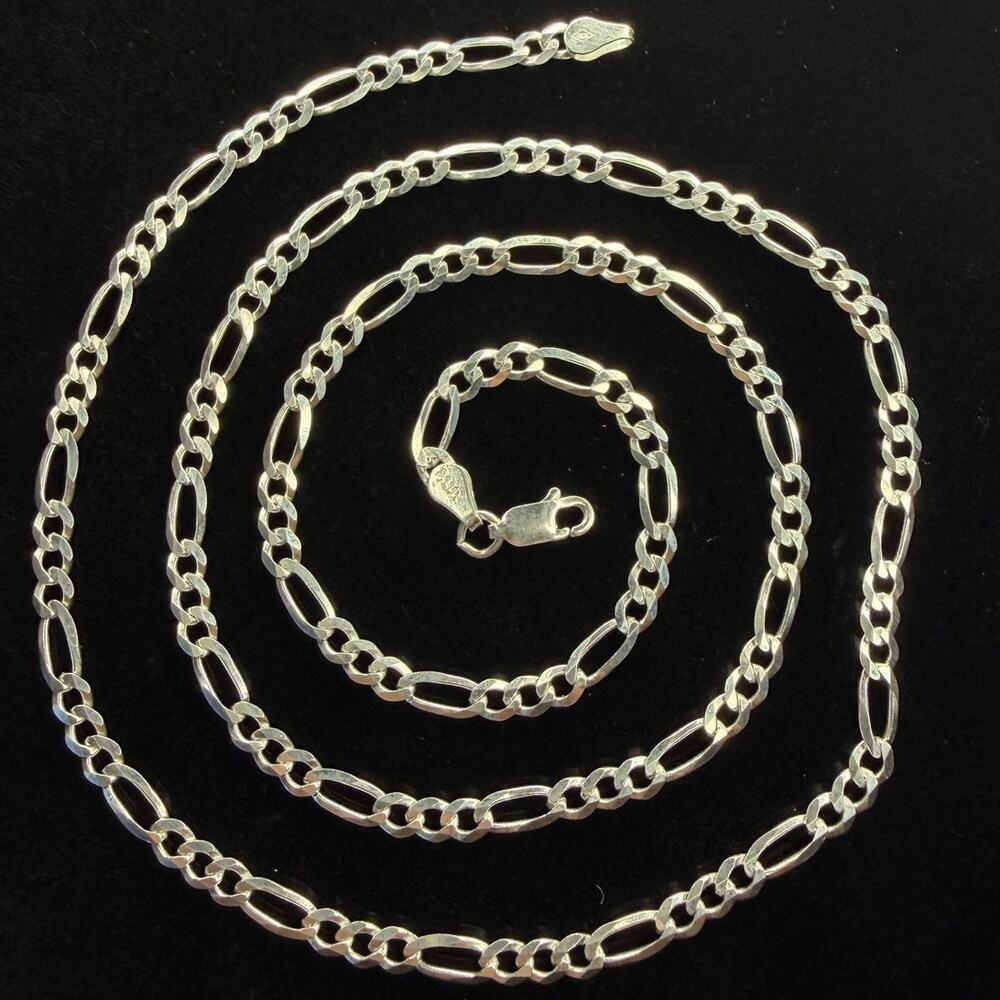 Solid 925 Italian Sterling Silver Figaro Chain Necklace 22" Long 4.5mm Long